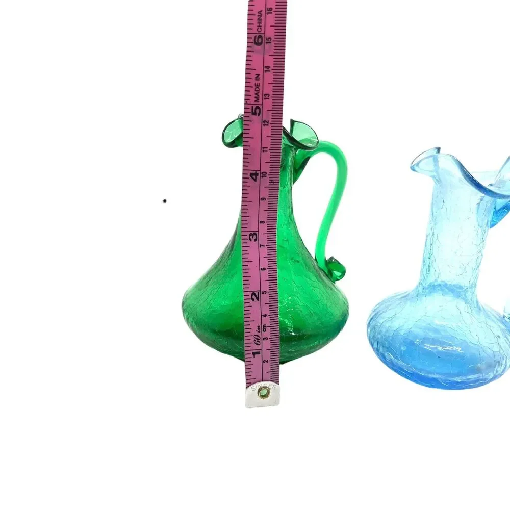 Crackle Glass Vases Pitchers Vintage Blue Green Ruffled Edge Handheld Set Of 2 - Picture 11 of 16